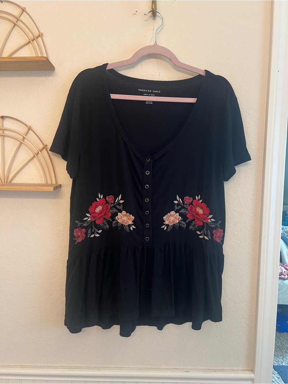 American Eagle Outfitters Black Floral Embroidered Button-Front Top